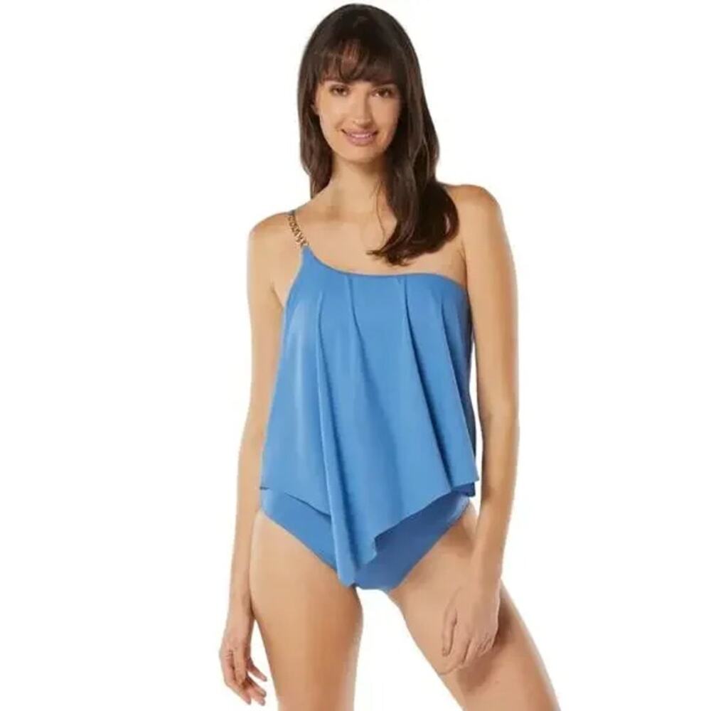 Michael Kors Tankini Swim Top Chain One Shoulder Blue Asymmetrical Size Small
